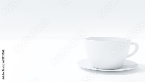 3D illustration rendering. A white coffee mug and a white dish isolated on white background.