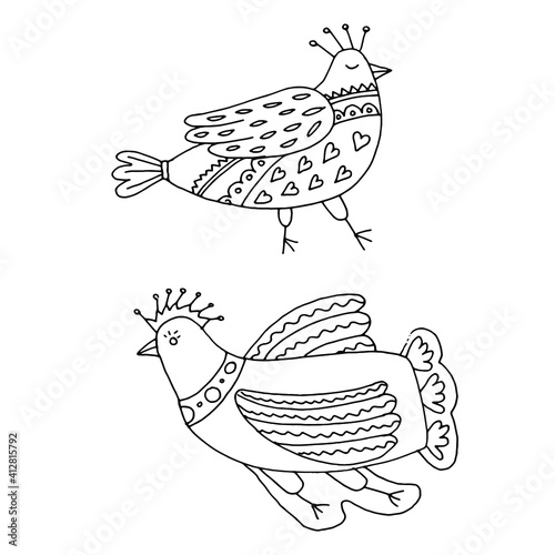 Coloring black and white. Birds with patterns. Folk crafts.