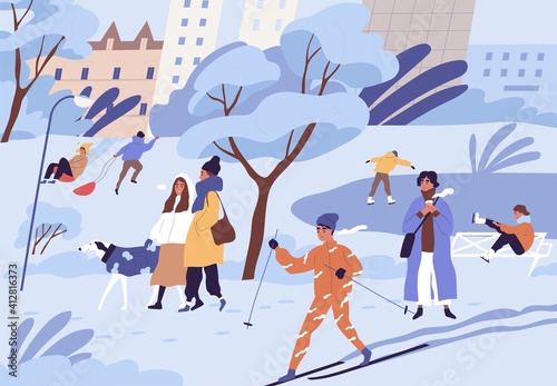 Crowd of people skiing, skating, sledding and walking in city park in winter. Landscape with ice rink and trees in snow in cold freezing weather. Colored flat cartoon vector illustration