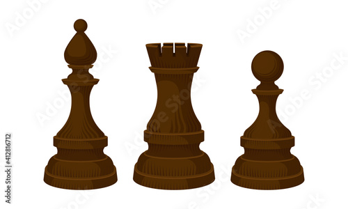 Black Chess Piece or Chessman with Pawn and Rook Vector Set
