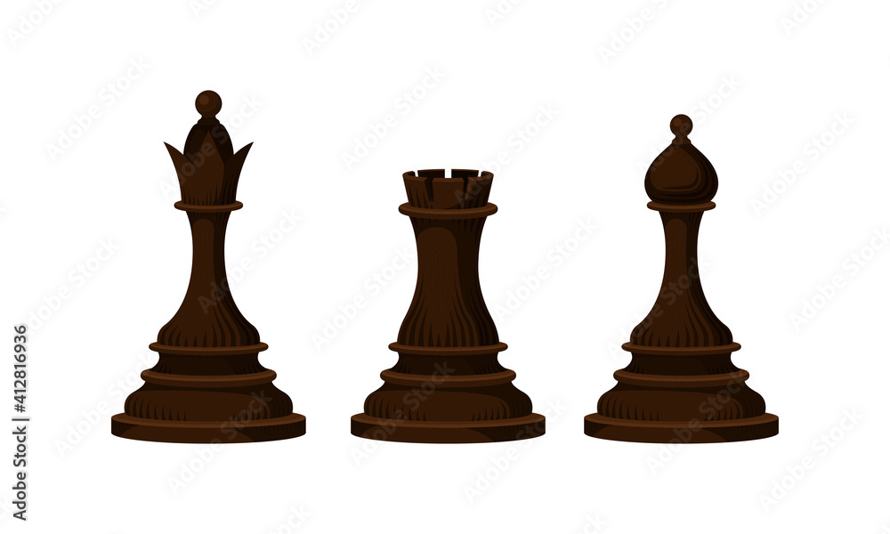 Black Chess Piece or Chessman with Rook and Queen Vector Set Black Chess Piece or Chessman with Rook and Queen Vector Set