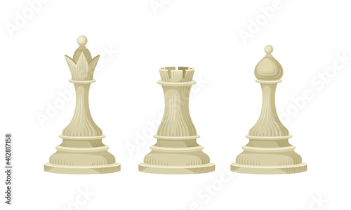 White Chess Piece or Chessman with Queen and Rook Vector Set