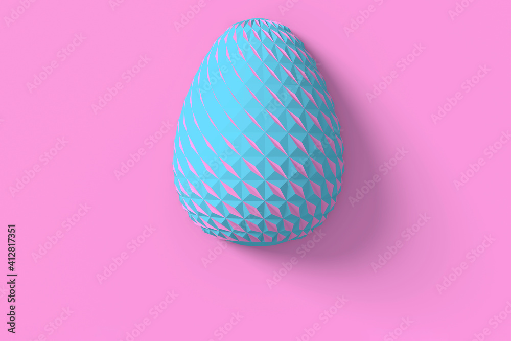Easter concept. One single blue egg with geometric original carved changing patterns on the surface on a pink background. 3d illustration