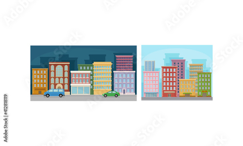 Cityscape with Urban Building as Horizontal Town Landscape Vector Set