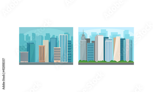 Cityscape with Skyscrapers and Urban Building as Horizontal Town Landscape Vector Set