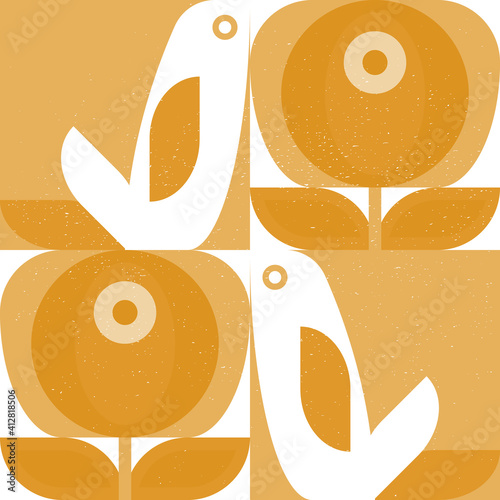 Abstract geometric retro inspired vector seamless pattern.Stylized bird, leaves and flowers in pastel colors. Simple background in traditional decorative folk art scandinavian style.Isolated texture