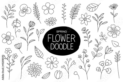 Spring flowers doodle in hand drawn style. Floral and leaves elements with spring flowers collection.
