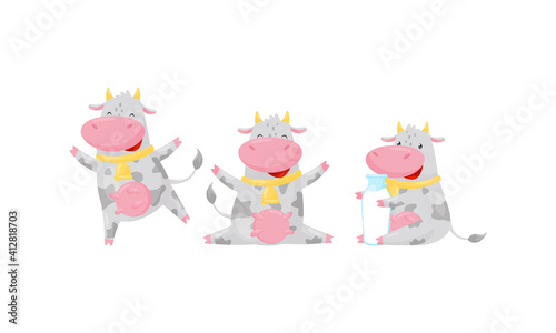 Cute Cow as Domesticated Animal with Hooves Holding Milk Bottle and Sitting Vector Set