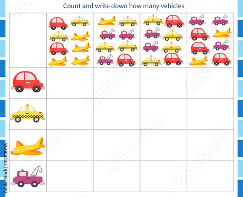  Logic game for children. Count and record the number of vehicles
