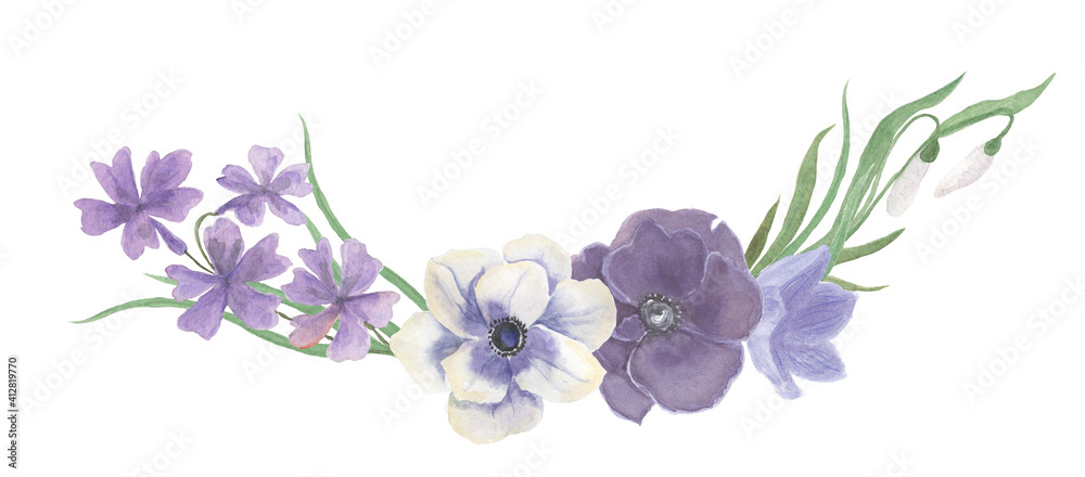 Watercolor painting floral bouquet with violet flowers
