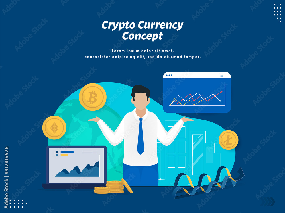 Crypto Currency Concept Based Web Template Design With Businessman Presenting Financial Data Analysis On Blue Background. Crypto Currency Concept Based Web Template Design With Businessman Presenting Financial Data Analysis On Blue Background.