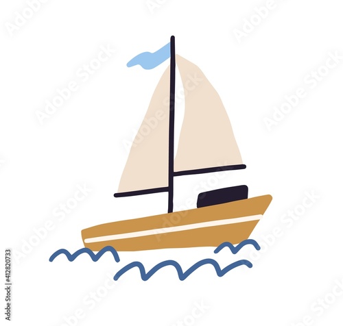 Childish boat with sails and flag floating in sea or ocean. Sailboat and water waves in Scandinavian style. Hand-drawn colored flat vector illustration isolated on white background