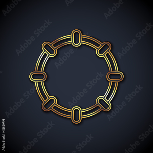 Gold line Musical instrument percussion tambourine, with metal plates icon isolated on black background. Vector.