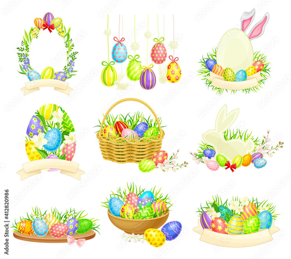 Decorated Easter Eggs or Paschal Eggs Rested in Basket and Grass Nest Vector Arrangement Set