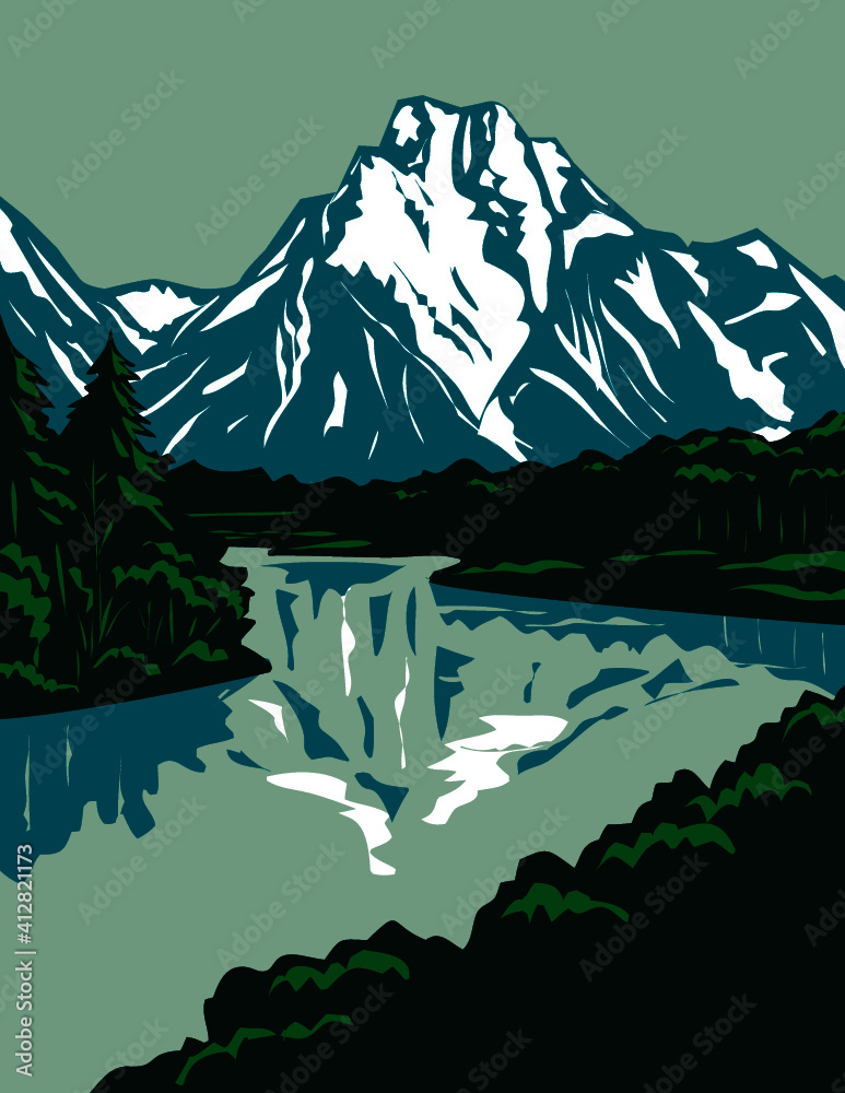 WPA poster art of the Jackson Hole valley with the peaks of Grand Teton National Park in Wyoming, United States of America done in works project administration or federal art project style. - obrazy, fototapety, plakaty 