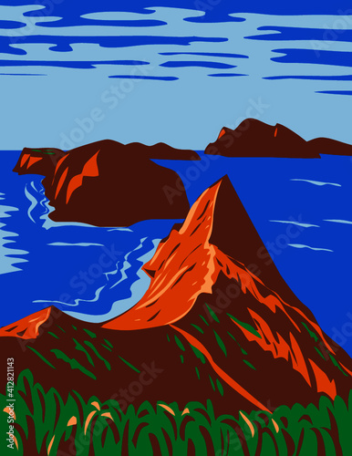 WPA poster art of the Channel Islands National Park comprises 5 ecologically rich islands off the Southern California coast USA in works project administration or federal art project style.