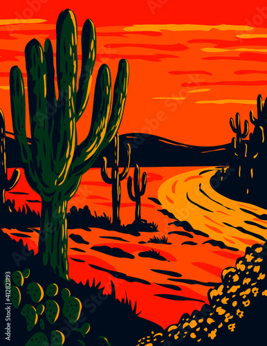 WPA poster art of the Saguaro, Carnegiea gigantea, a tree-like cactus genus at dusk in Saguaro National Park in Tucson, Arizona done in works project administration or federal art project style.