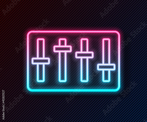 Glowing neon line Sound mixer controller icon isolated on black background. Dj equipment slider buttons. Mixing console. Vector.