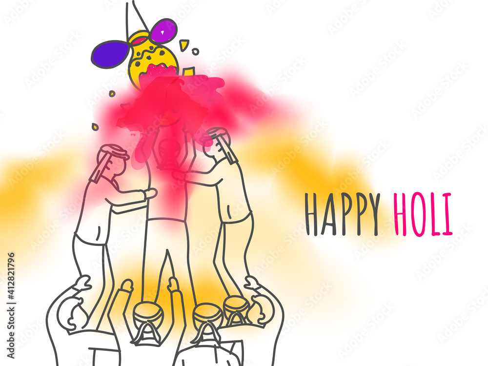 Fototapeta Doodle Style Indian Boys Breaking Dahi Handi On The Occasion Of Happy Holi Celebration.