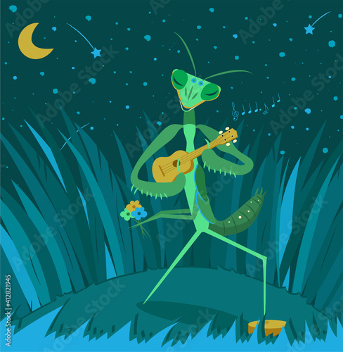 Romantic mantis playing serenade. Illustration suitable for web and print usage. Illustration for Valentine's day, 14 february