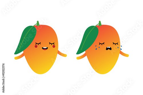 Cute cartoon style tropical mango characters, happy smiling and sad crying.
