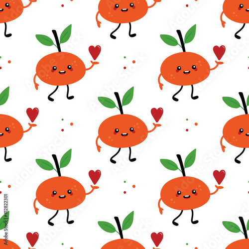 Vector seamless pattern background with cute cartoon smiling tangerine, clementine, mandarin character holding in hand red heart.
