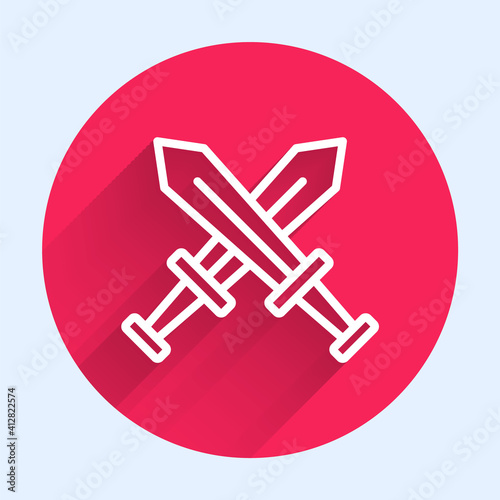 White line Crossed medieval sword icon isolated with long shadow. Medieval weapon. Red circle button. Vector.