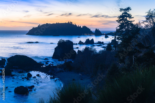 Pacific sunset at California ocean coast. Silhouettes of rocks and plants against colorful sunset sky © Victoria