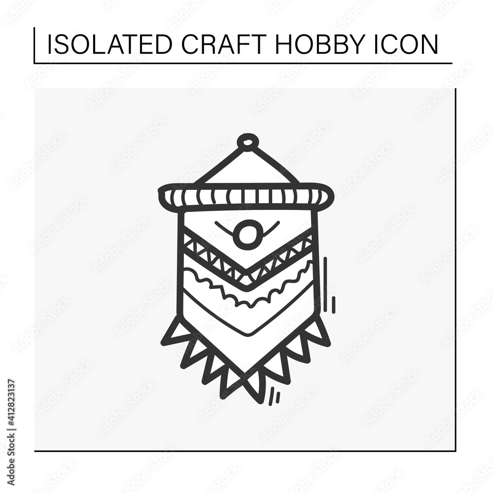 Obraz premium Macrame hand draw icon. A form of textile-making using knotting. Modern home element, hygge style, scandinavian interior. Cozy house concept. Isolated sketch vector illustration