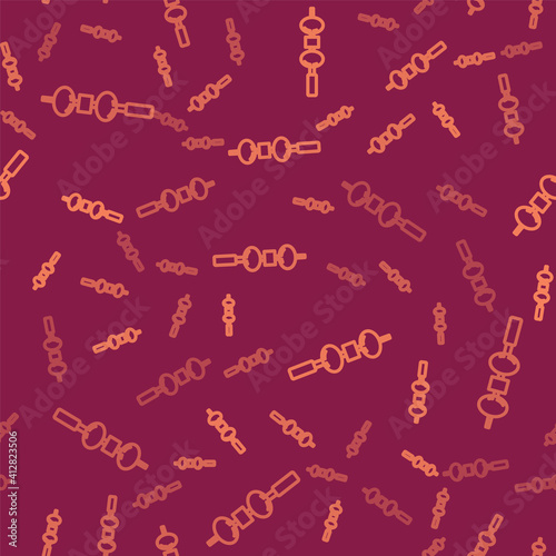 Brown line Olive and cheese on chopstick icon isolated seamless pattern on red background. Canape, tapas with cheese and olive. Vector.