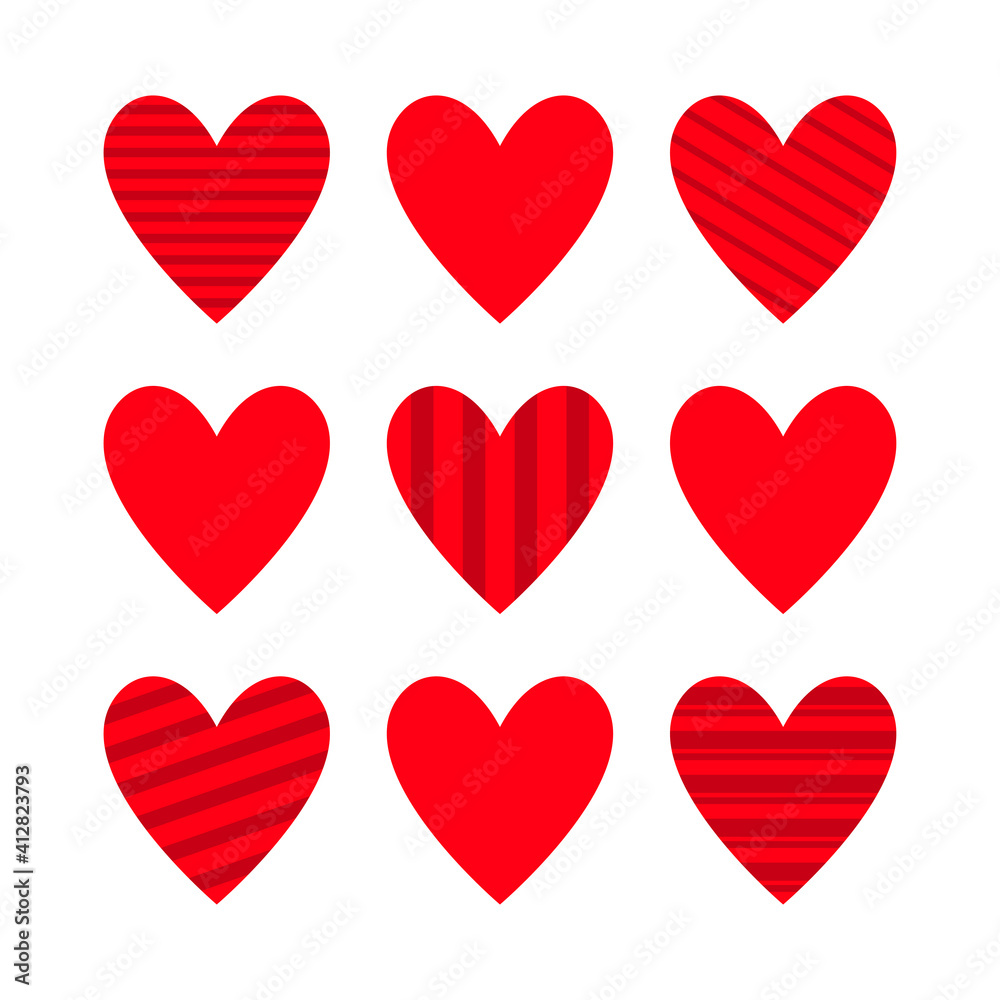 Red heart icon set. Cute line pattern. Happy Valentines day sign symbol simple template. Love greeting card. Decoration element. Square composition. Isolated. White background. Flat design