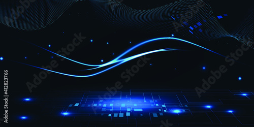 Abstract dark blue technology background with glowing particle and futuristic grid floor.Vector illustration.High tech digital concept. 