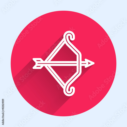 White line Medieval bow with arrow icon isolated with long shadow. Medieval weapon. Red circle button. Vector.