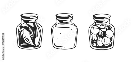 Black and white potion jars with magic liquids and substances. Set of three corked bottles of poison or elixir, herbs and stones. Monochrome vector illustration isolated on white background