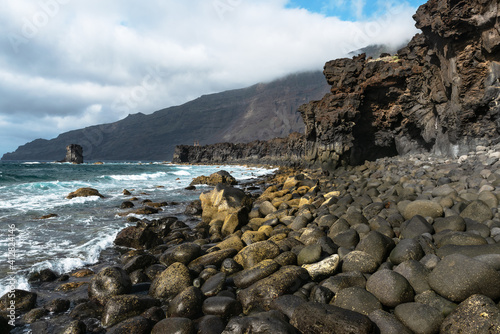 Beautiful volcanic coastline landscape with Rocks and lava formations. La Maceta beach in La Frontera. El Hierro, Canary islands, Spain.