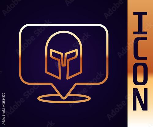 Gold line Greek helmet icon isolated on black background. Antiques helmet for head protection soldiers with a crest of feathers or horsehair. Vector.