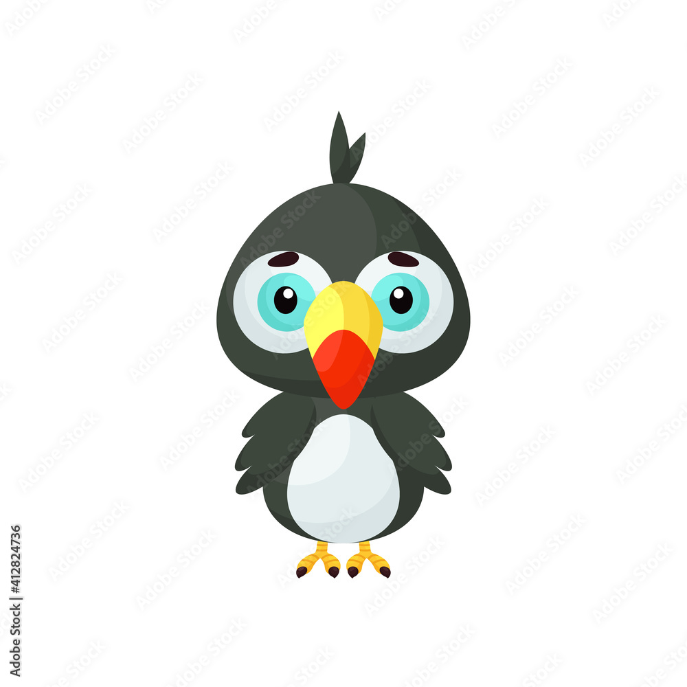 Fototapeta premium Cute little toucan on white background. Cartoon animal character for kids cards, baby shower, birthday invitation, house interior. Bright colored childish vector illustration in cartoon style.