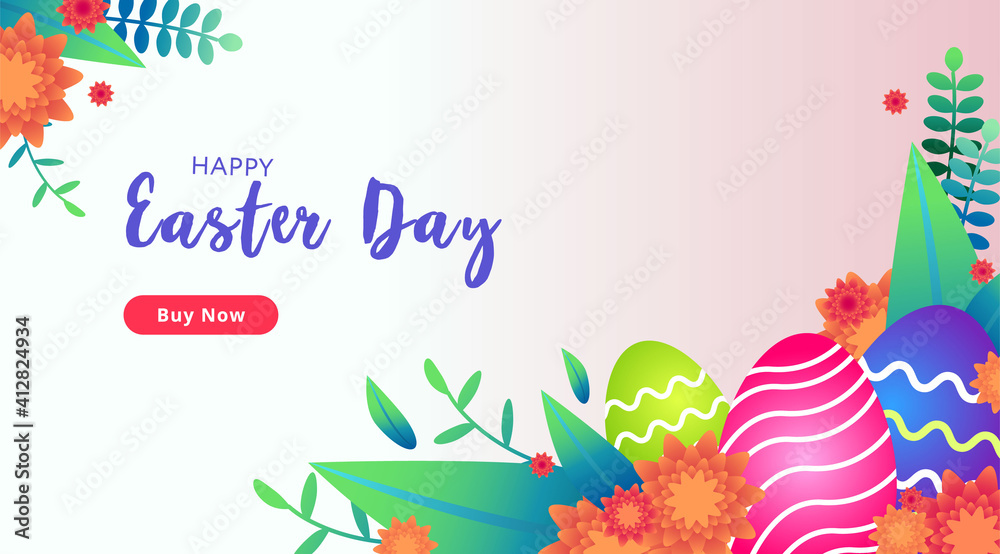 Happy Easter Day. Banner for web page, sale collection, greeting card. Vector illustration with eggs, plants, flowers and leaves Happy Easter Day. Banner for web page, sale collection, greeting card. Vector illustration with eggs, plants, flowers and leaves