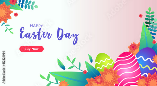 Happy Easter Day. Banner for web page  sale collection  greeting card. Vector illustration with eggs  plants  flowers and leaves