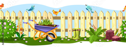 Spring garden vector fence seamless border with birds, flowers, bushes, wheelbarrow, green grass, boots. Summer rural backyard picket view with stump, pink blossom. Broken garden fence cartoon frame