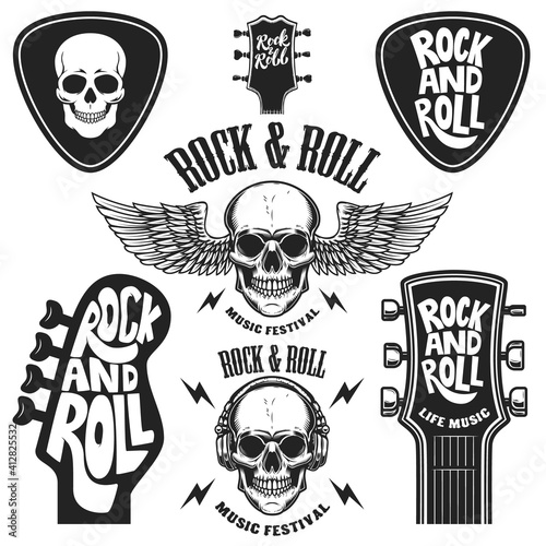 Set of rock and roll emblems. Design element for poster, card, banner, sign, logo. Vector illustration