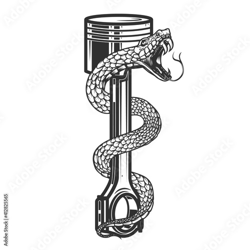Illustrations of snake on car piston. Design element for poster, card, banner, sign. Vector illustration