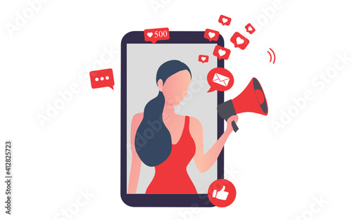 Beautiful woman shouting in loud speaker with social media icons. Influencer social media marketing concept and blogger  vector illustration