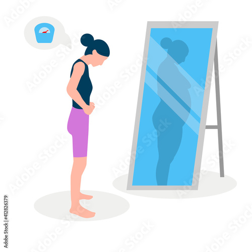 Flat vector illustration of a skinny girl with low self-esteem standing in front of a mirror. The girl looks into her distorted reflection.