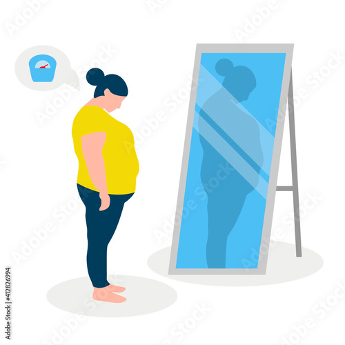 Flat vector illustration of a fat girl with low self-esteem standing in front of a mirror. The girl looks into her distorted reflection.