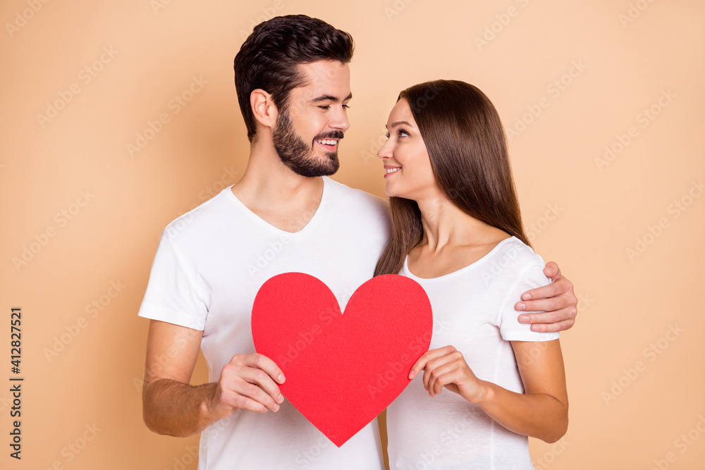 Photo of young lovely couple hug look each other hold big heart feelings love valentine day isolated over beige color background Photo of young lovely couple hug look each other hold big heart feelings love valentine day isolated over beige color background