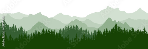 Green forest on background of mountains, silhouette. Beautiful landscape.  Evergreen coniferous trees. Vector illustration.