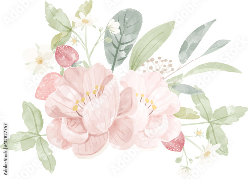 watercolor pink peony and wild strawberry bouquet