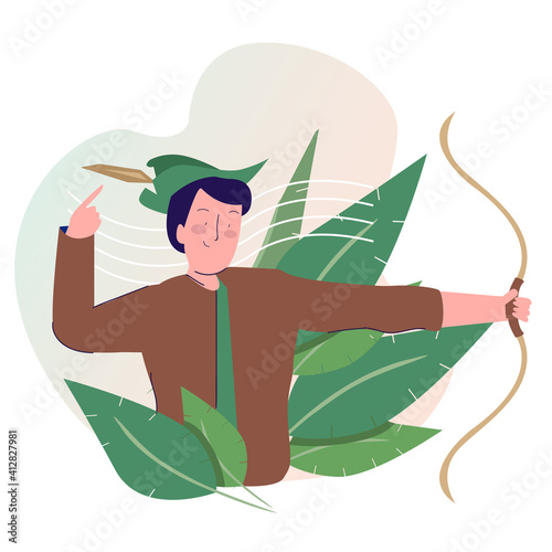 man wearing robin hood hat hold archery with cartoon flat style