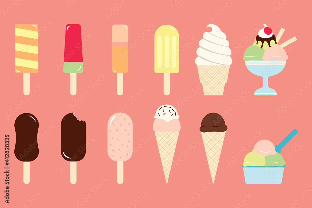 Set of 12 vector with different sweet ice creams isolated with a pink background.